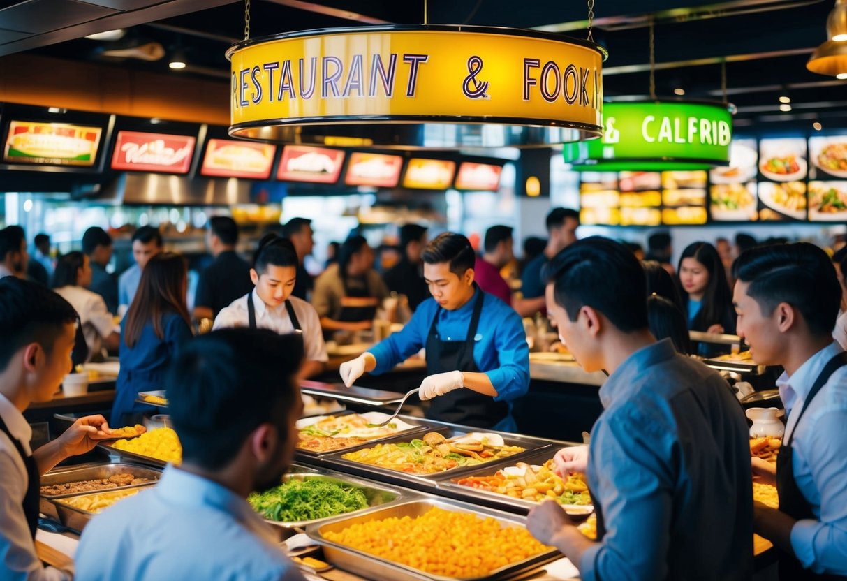 A bustling restaurant with colorful signage and enticing food displays, surrounded by eager customers and staff