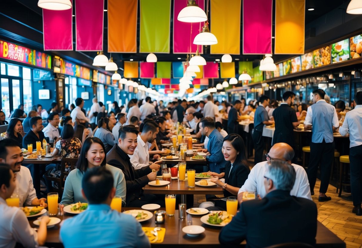 A bustling restaurant with colorful banners, crowded tables, and staff serving food and drinks to smiling customers