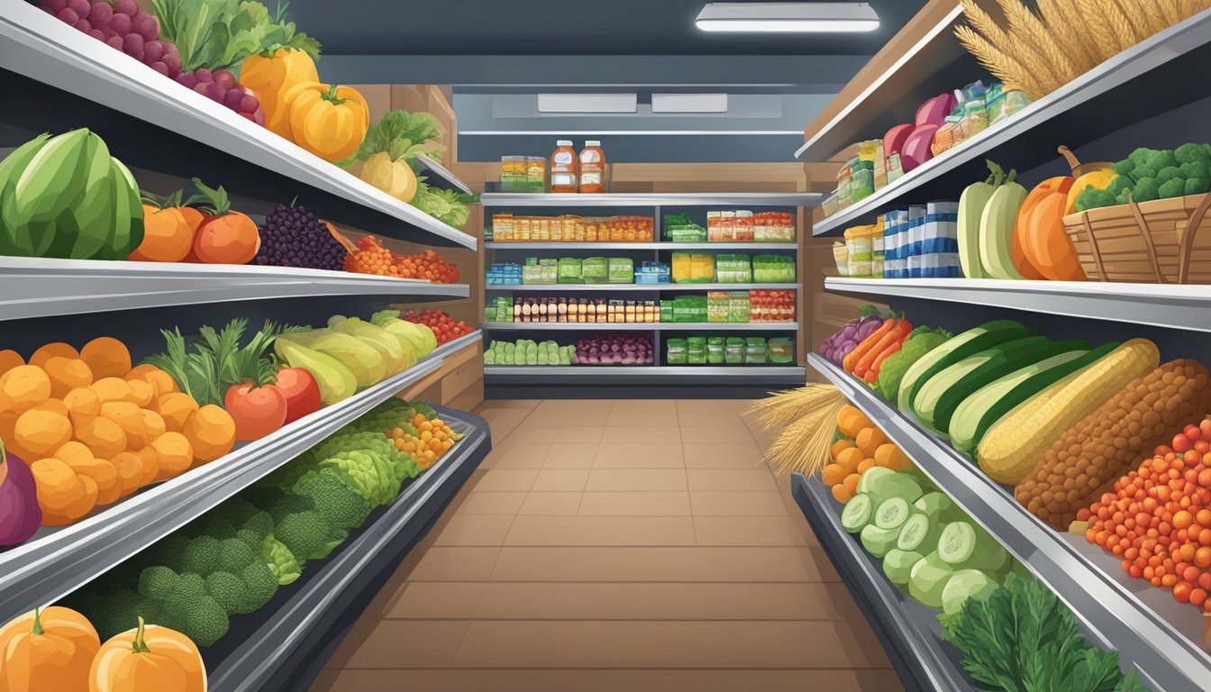 Aisle with colorful fruits, vegetables, whole grains, and lean proteins. Signs highlight blood sugar-friendly options. Shelves stocked with low glycemic index foods