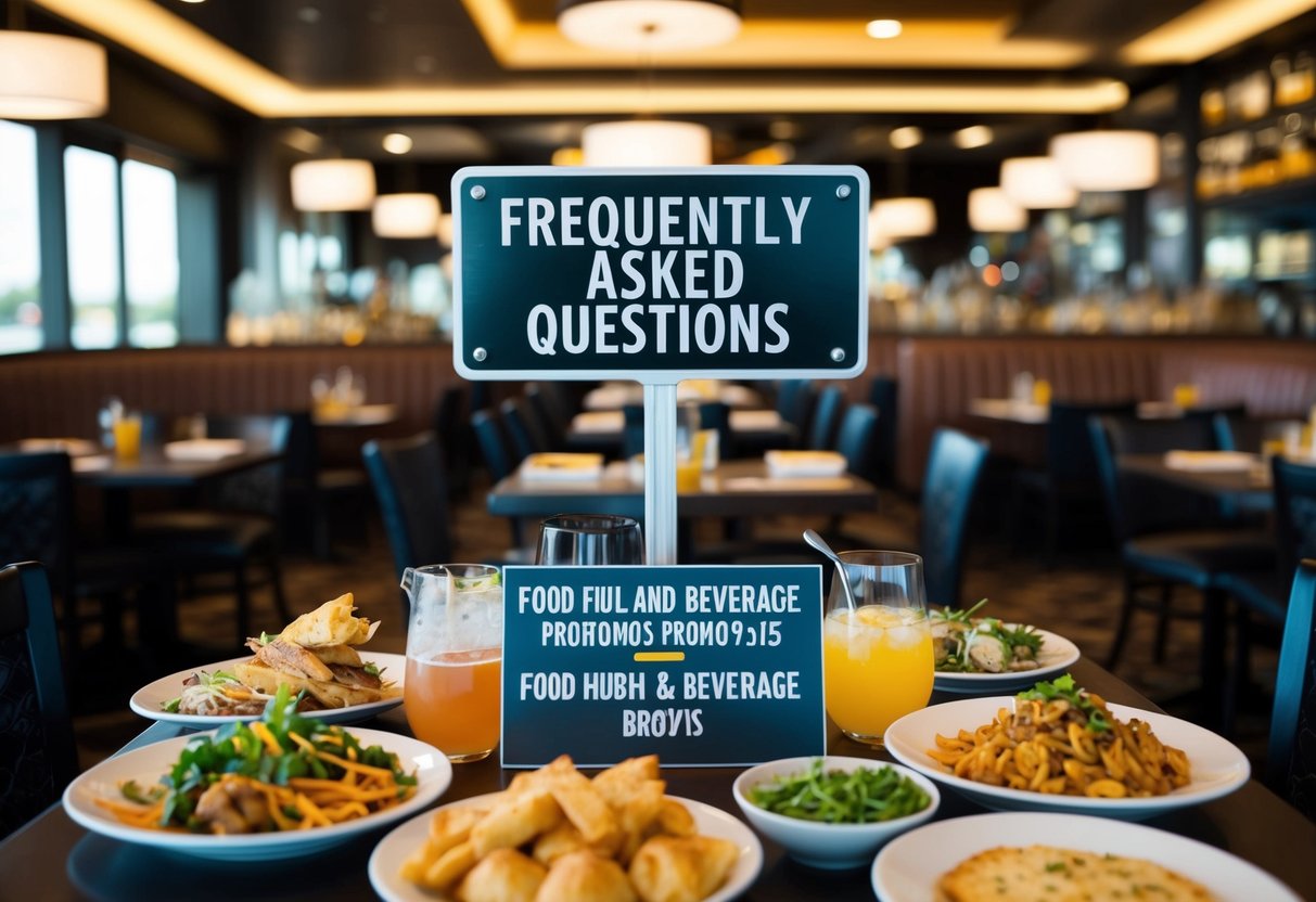 A bustling restaurant with a prominent "Frequently Asked Questions" sign above a table filled with food and beverage promotions