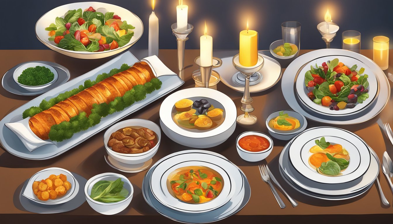 A candlelit table with colorful, nutrient-rich side dishes arranged elegantly on modern dinnerware