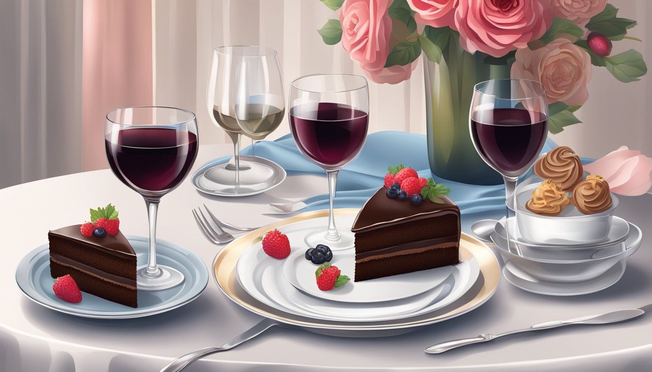 A beautifully set table with elegant dessert plates, a decadent chocolate cake, and two glasses of red wine