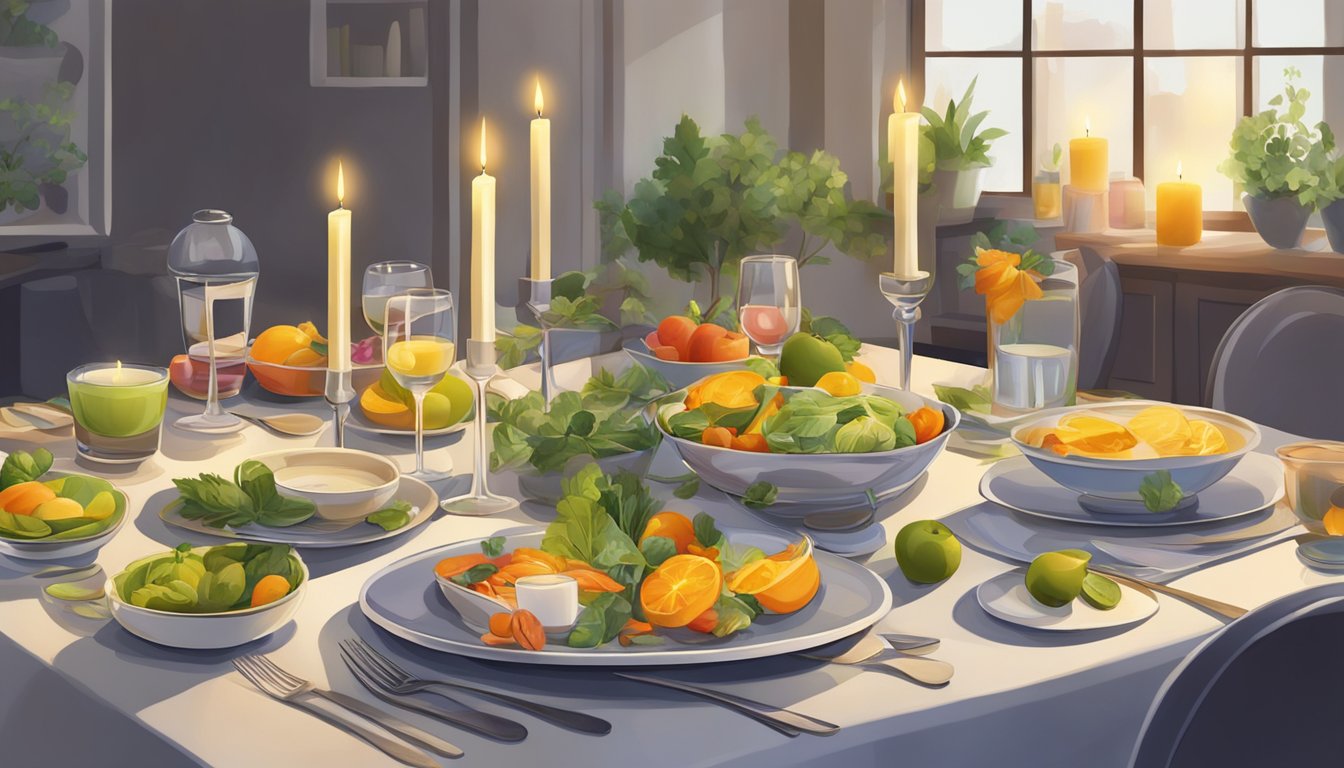 A table set with candles, low lighting, and healthy, colorful dishes