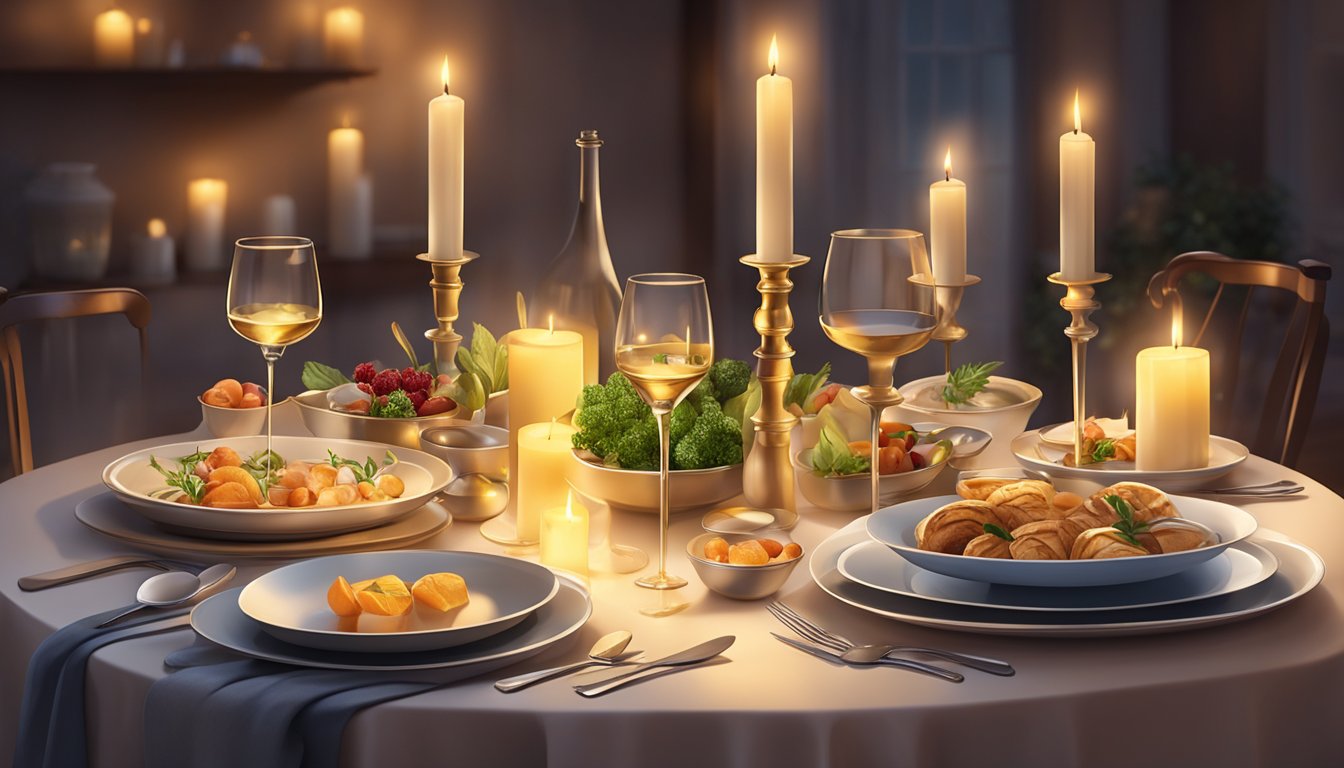 A candlelit table set with elegant dishes and low-glycemic foods, surrounded by soft lighting and romantic ambiance