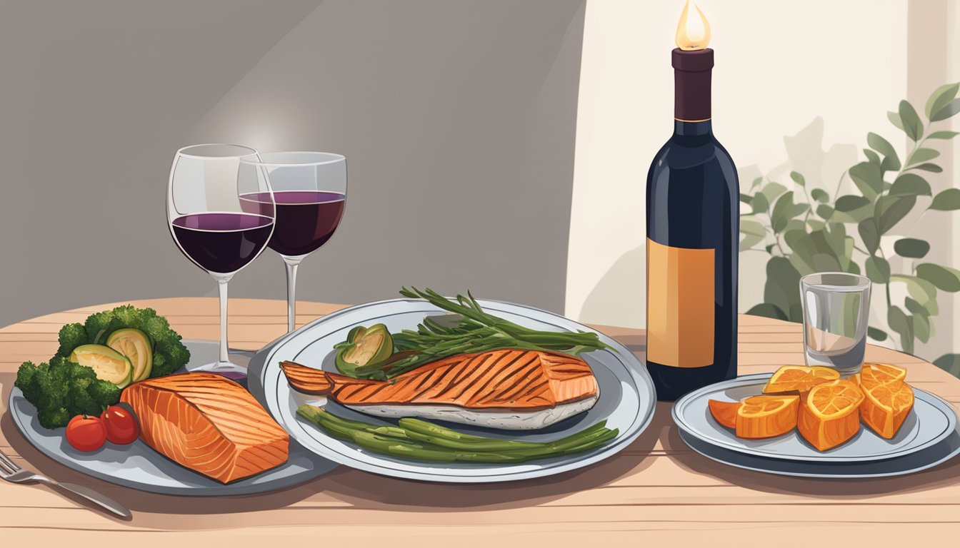 A candlelit dinner table with a bottle of red wine, a glass of water, and a plate of grilled salmon and roasted vegetables