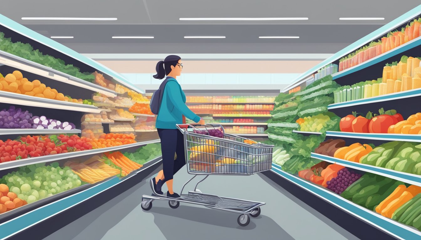 A person pushing a cart through a well-lit supermarket aisle, carefully selecting fresh produce and reading nutrition labels