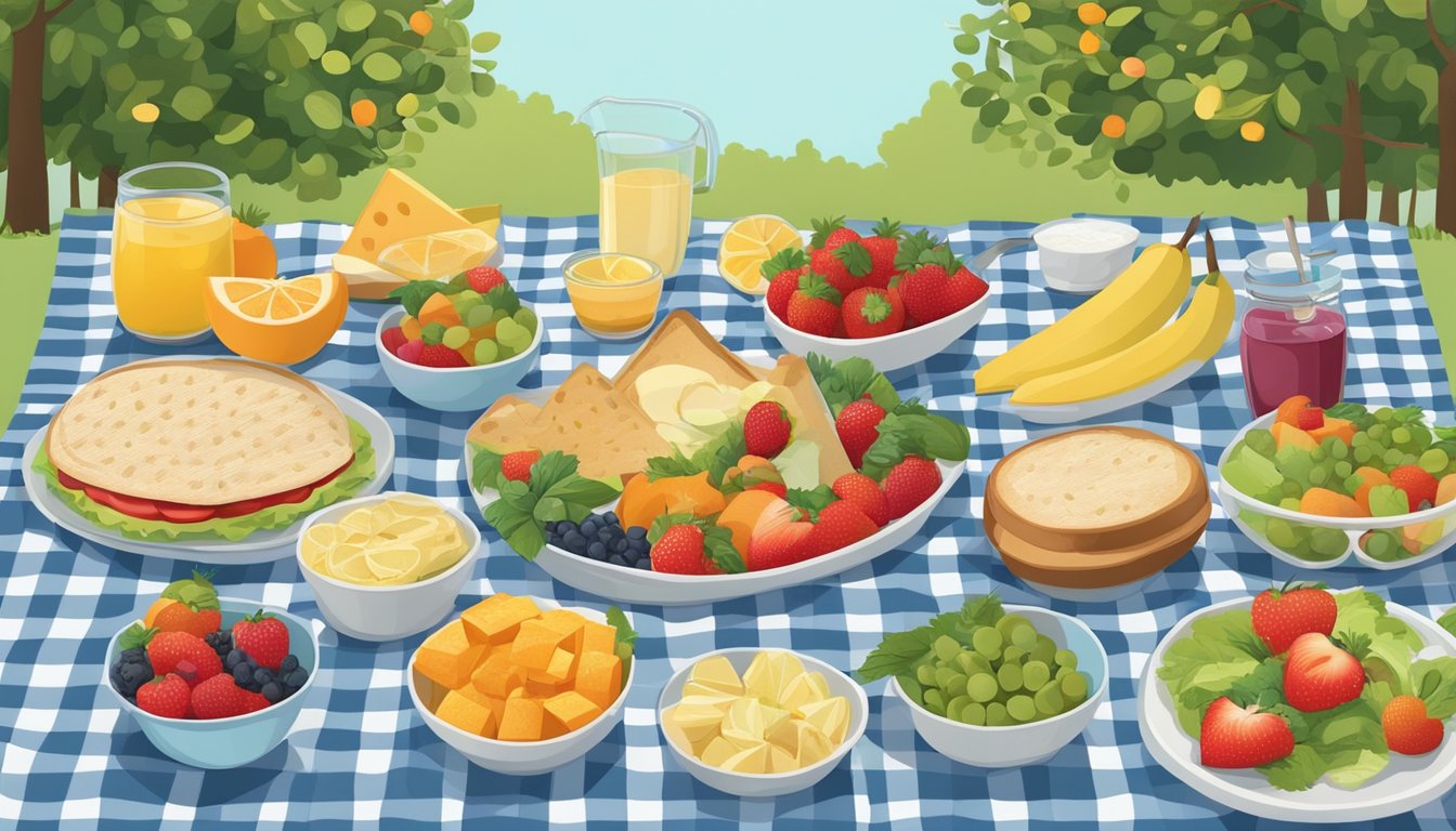 A picnic blanket laid out with a spread of healthy, colorful foods surrounded by trees and a clear blue sky