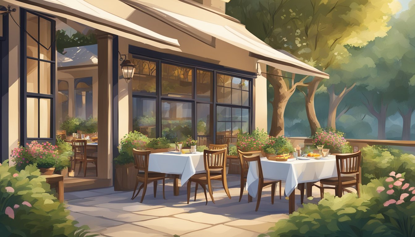 A serene outdoor dining scene with a focus on fresh, high-quality food and a peaceful, natural setting