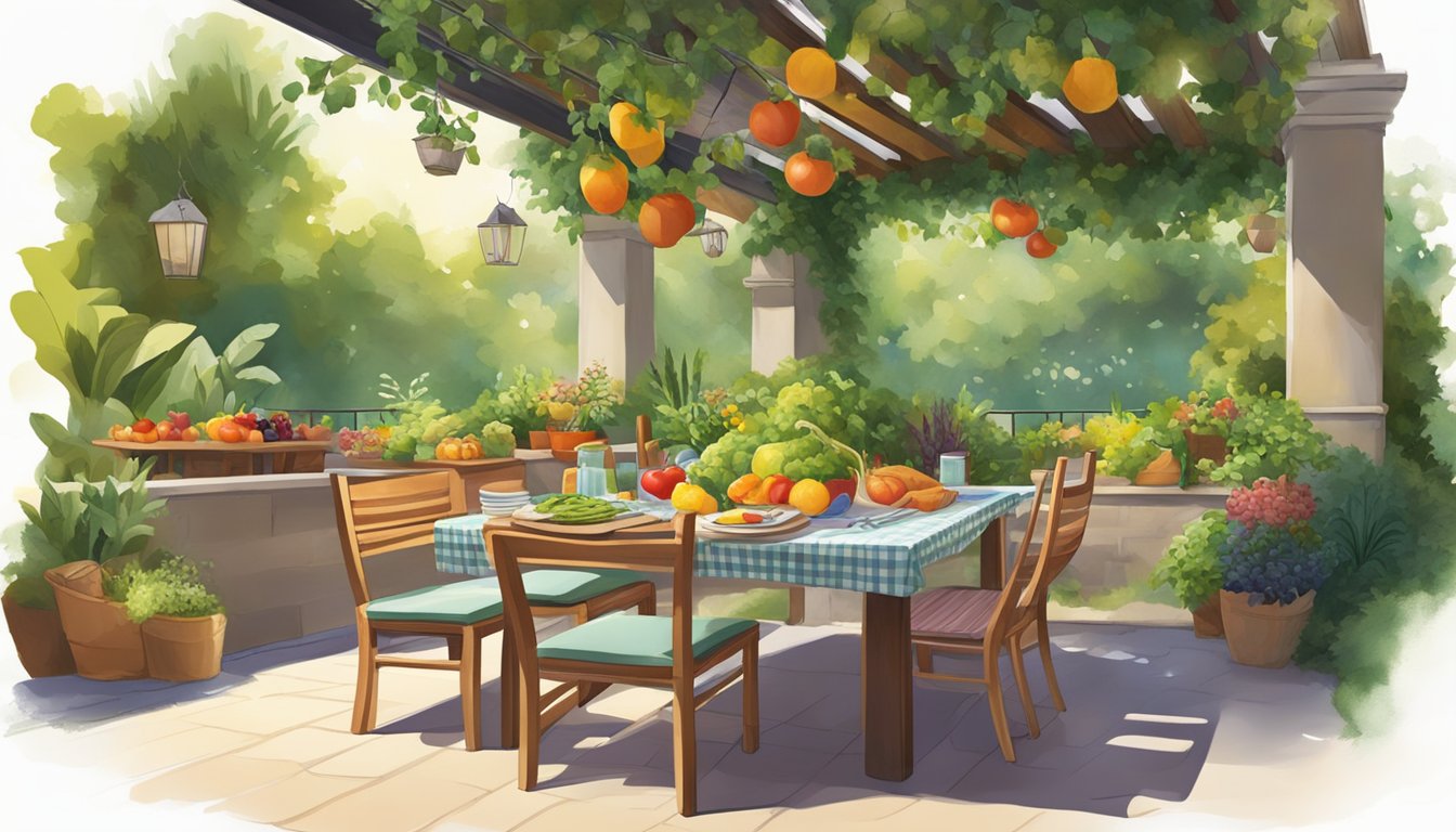 A cozy outdoor dining area with a shaded table set with fresh, colorful produce and a variety of healthy meal options. The setting is surrounded by lush greenery and dappled sunlight