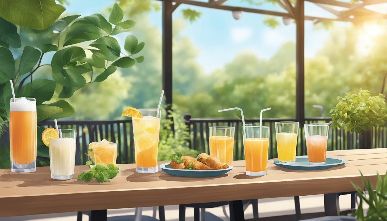 An outdoor dining scene with a variety of low-sugar beverage options displayed on a table, surrounded by greenery and natural light