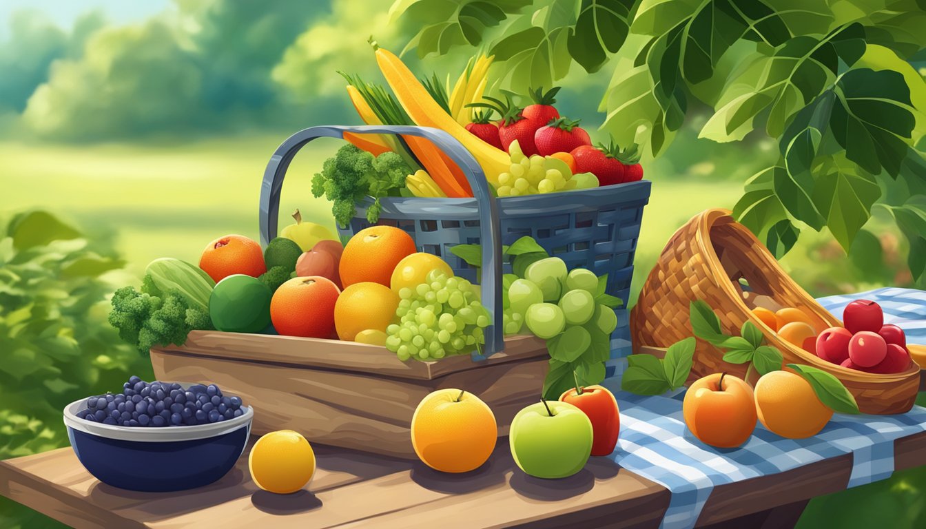 A picnic table set with a colorful array of fresh fruits, vegetables, and lean proteins, surrounded by lush greenery and dappled sunlight