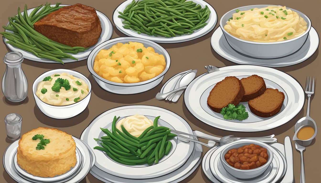 A table set with a variety of classic dinner dishes, such as meatloaf, mashed potatoes, and green beans, with a focus on healthy, diabetes-friendly ingredients and portion sizes