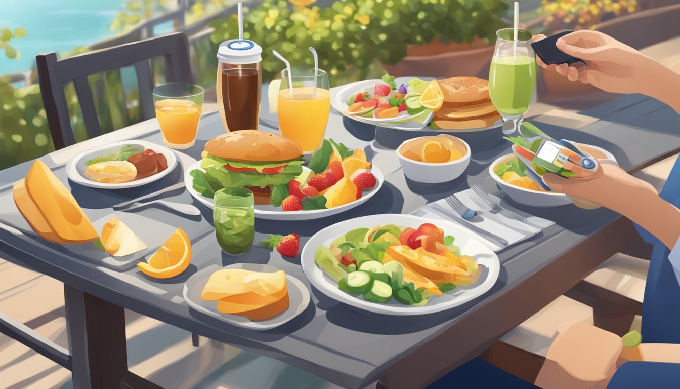 A sunny outdoor dining scene with a table set with healthy, colorful food and beverages. A person is using a glucose monitor discreetly at the table