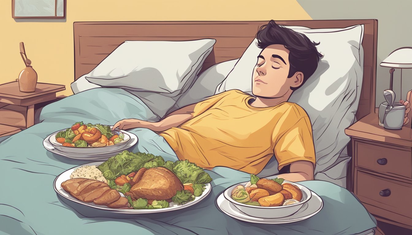 A person lying in bed with a plate of food next to them, tossing and turning with a disturbed sleep expression on their face