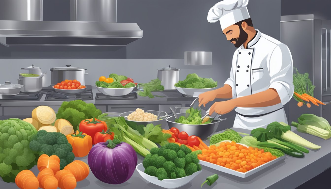 A chef preparing a colorful array of vegetables and lean proteins, using various cooking techniques to healthify classic dinner favorites for diabetes management