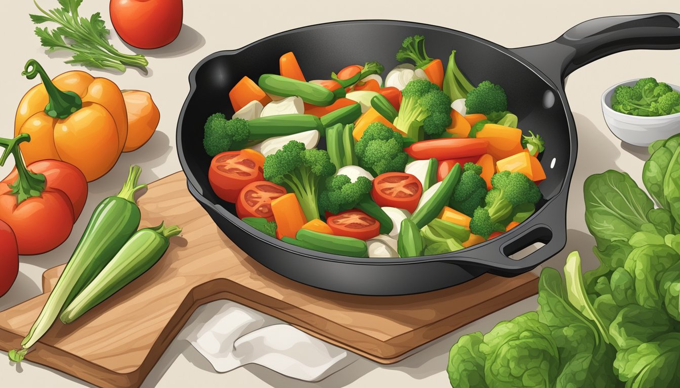 A kitchen counter with fresh vegetables, a cutting board, and a skillet cooking a healthy version of a classic comfort food dish