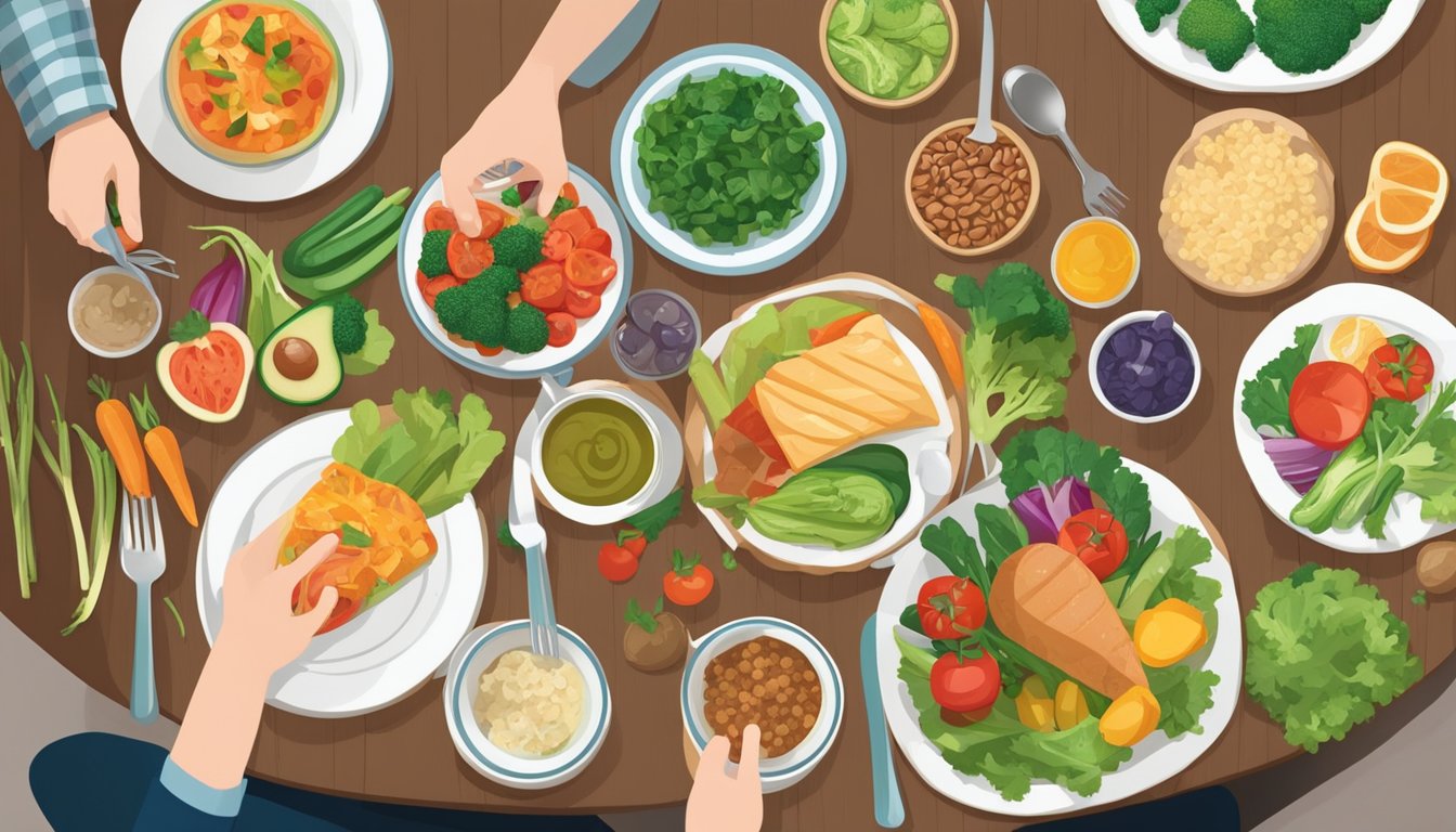 A dinner table set with a variety of healthy food options, including colorful vegetables, lean proteins, and whole grains. A person with diabetes checks their blood sugar before enjoying the meal