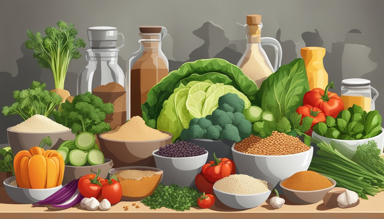 A colorful array of fresh vegetables, lean proteins, and whole grains arranged on a kitchen counter, surrounded by herbs and spices