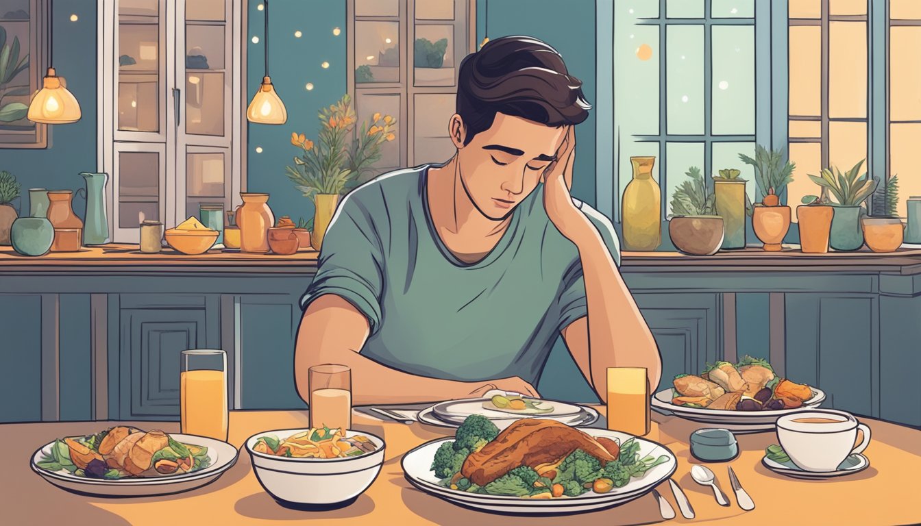 A person sitting at a dinner table with a plate of food, looking stressed and anxious while surrounded by calming elements like candles and soothing colors