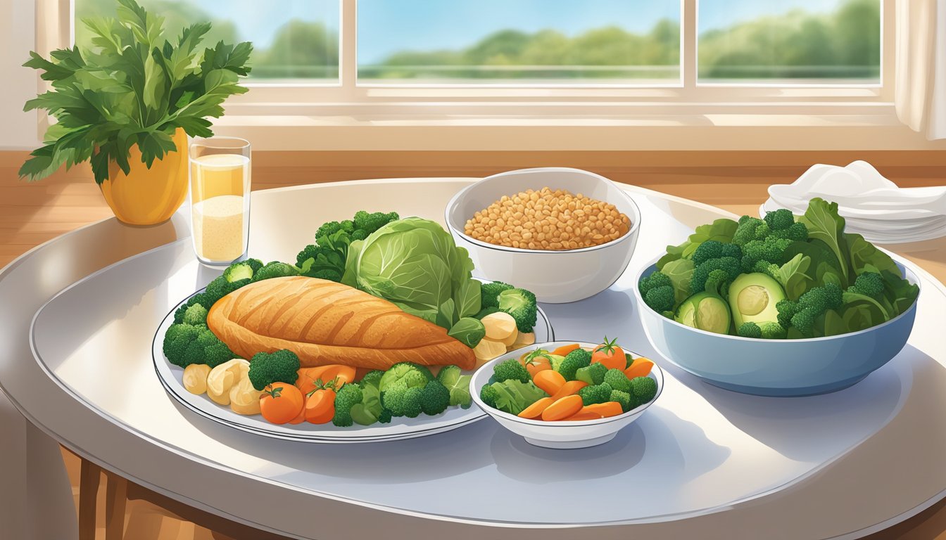 A dining table set with a balanced meal of vegetables, lean protein, and whole grains, bathed in warm, natural light filtering through a window