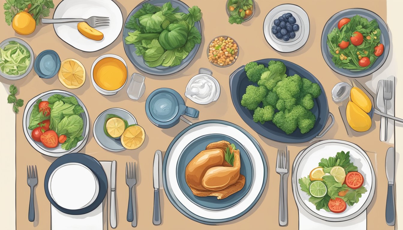 A dinner table set with healthy food, a calming environment, and a person practicing stress-relief techniques