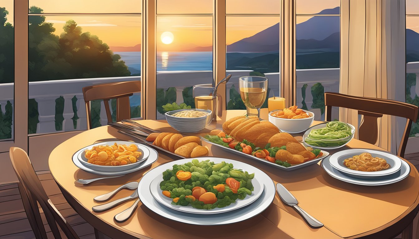 A serene dining table set against a sunset backdrop, with warm, comforting foods arranged in a balanced and visually appealing manner