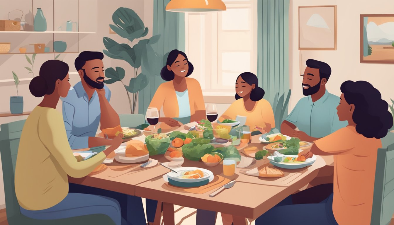 A family sitting around a dinner table, engaging in open and supportive conversation while managing stress and anxiety related to diabetes