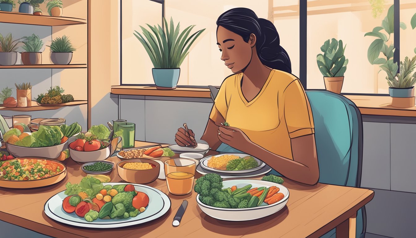 A person sitting at a dinner table, surrounded by healthy food options and engaging in stress-relieving activities such as deep breathing or journaling