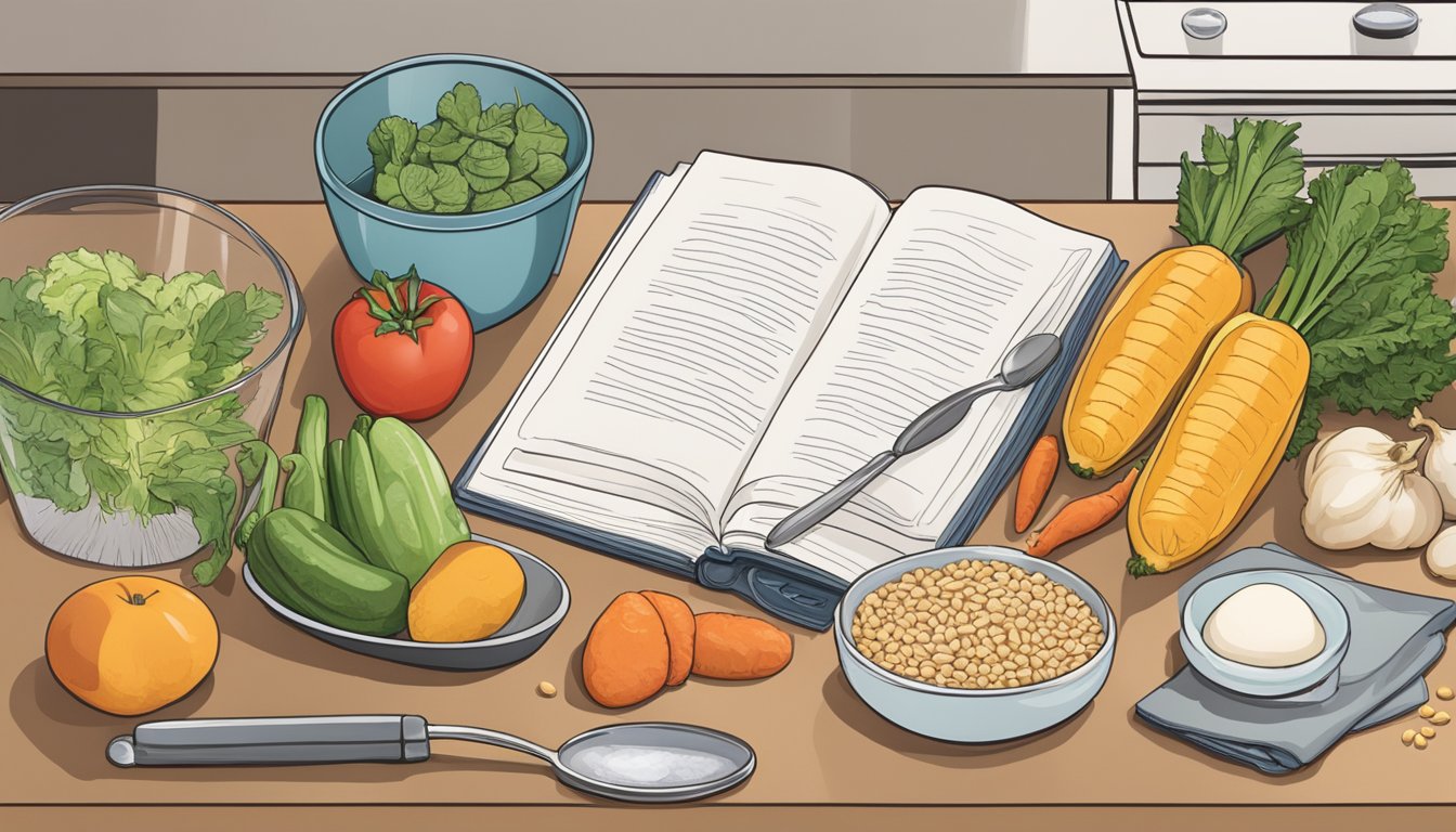 A kitchen counter with fresh produce, whole grains, and lean proteins. A cookbook open to a page on blood sugar-balancing meals. A measuring cup and spoon on the counter