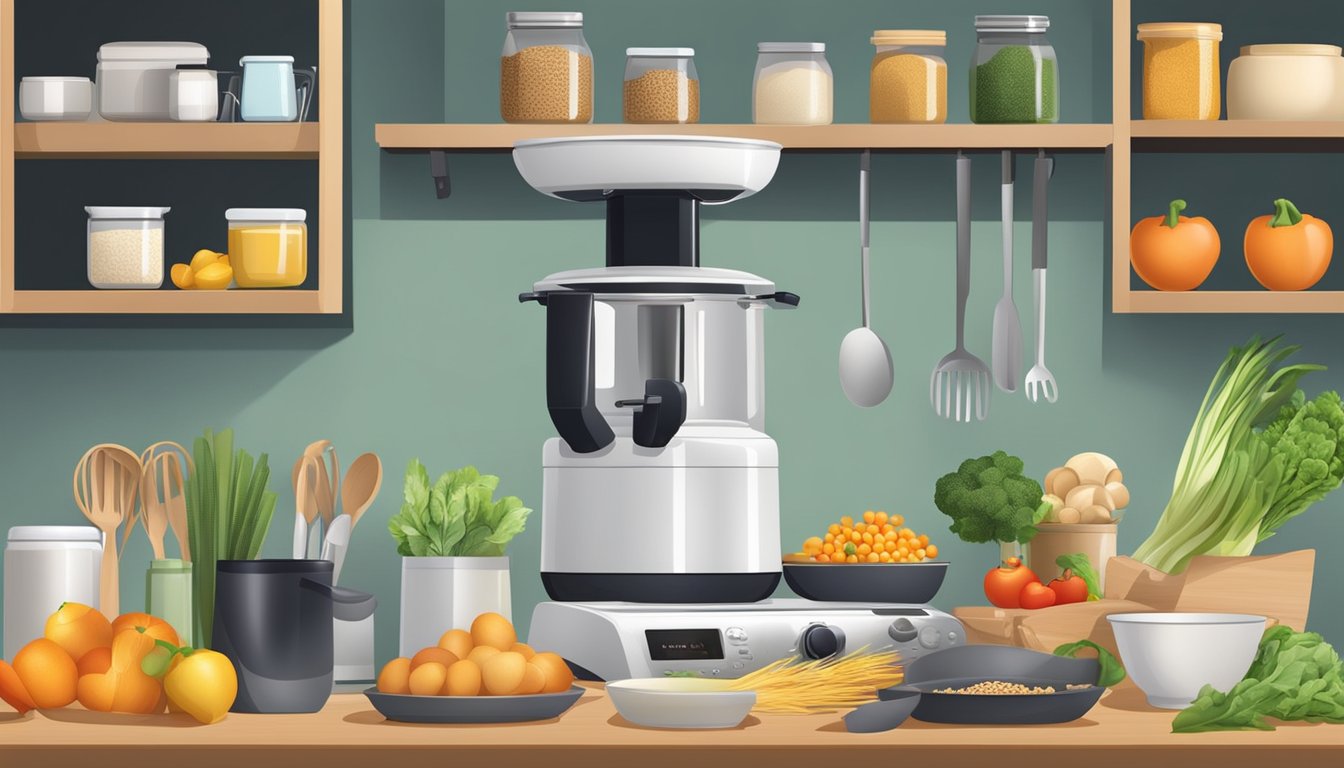 A well-stocked kitchen with fresh produce, whole grains, and lean proteins. A variety of cooking utensils and appliances neatly organized on the counter