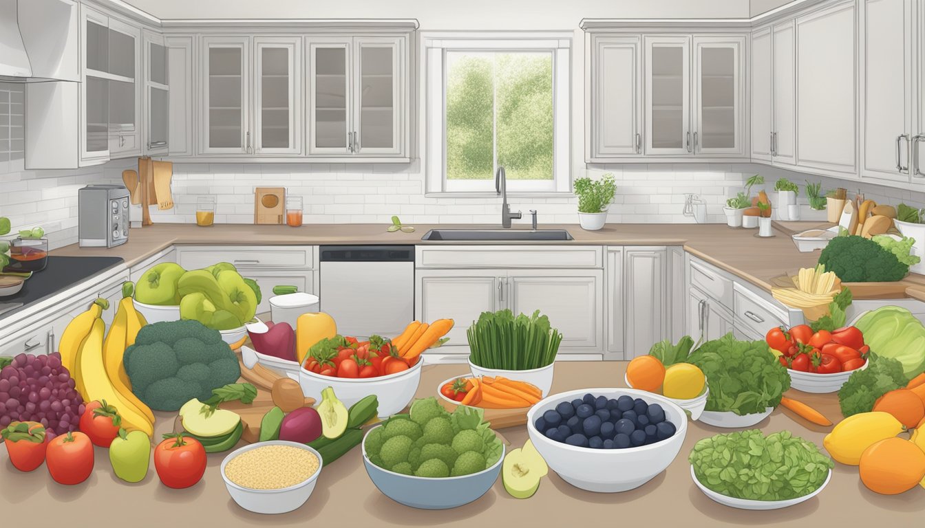 A well-organized kitchen with fresh fruits, vegetables, and whole grains neatly arranged on the counter. A cookbook open to a page on blood sugar-balancing meals