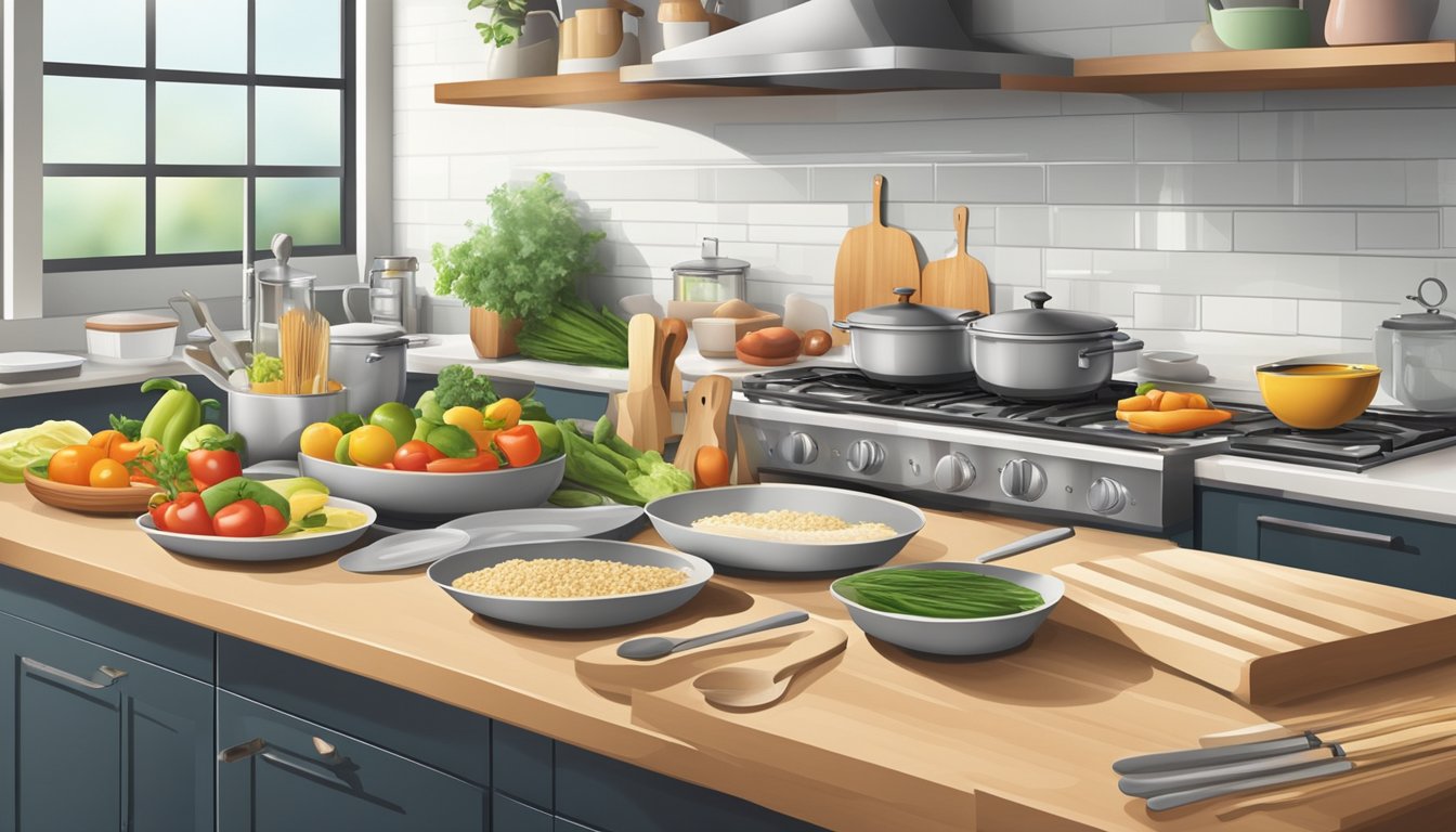 A well-organized kitchen with fresh ingredients, a variety of cooking utensils, and a balanced meal being prepared on the counter