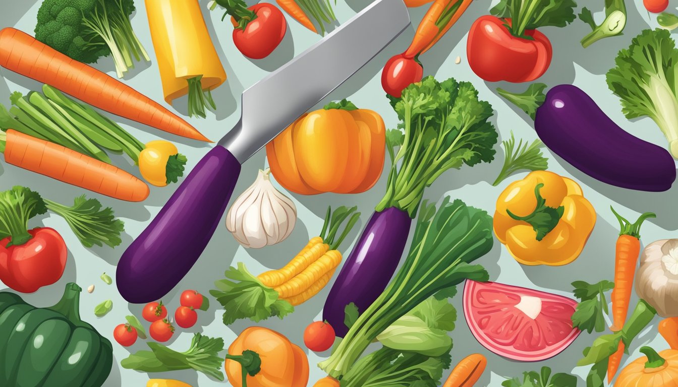 A colorful array of fresh vegetables being chopped, steamed, and sautéed in a well-organized kitchen setting