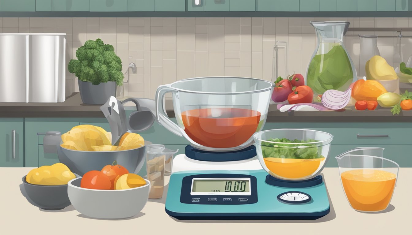 A kitchen scene with measuring cups, food scale, and portioned ingredients for balanced meals