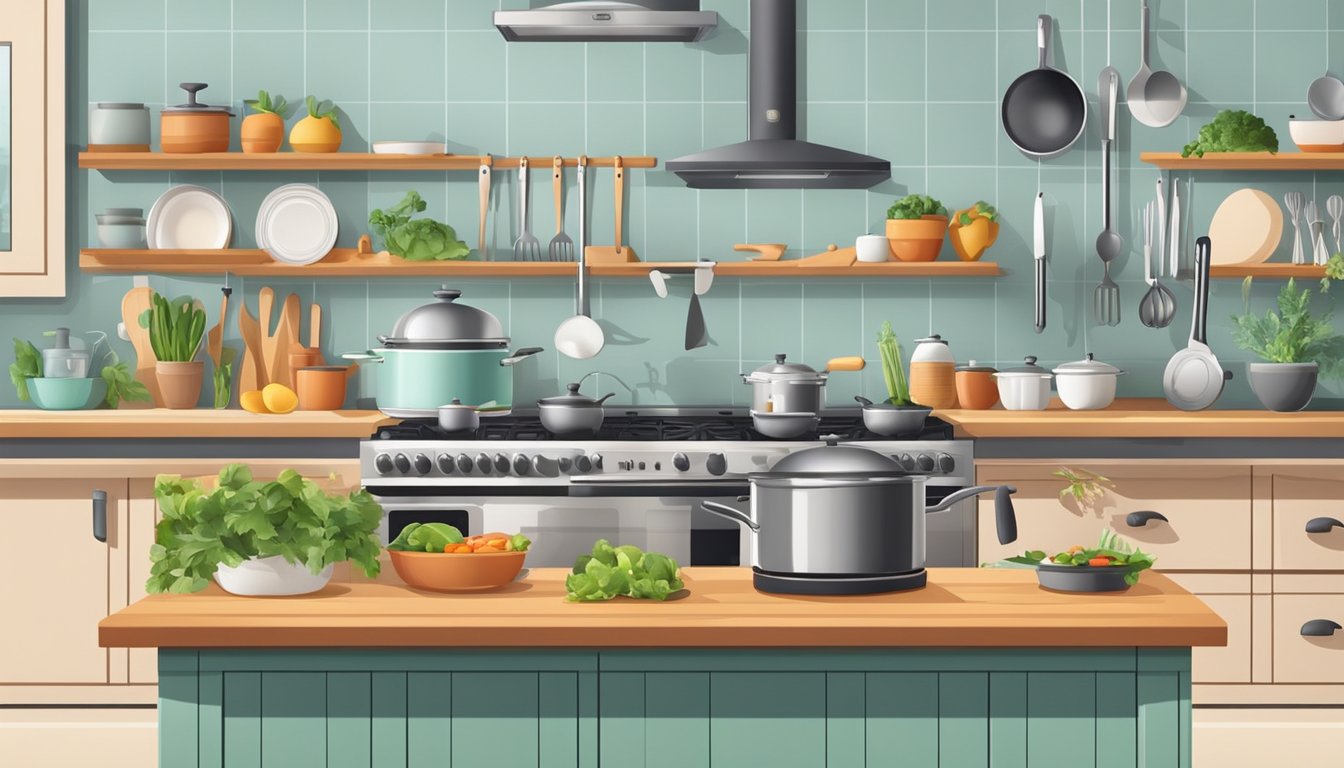 A well-organized kitchen with fresh ingredients, balanced meals on the stove, and a variety of cooking utensils neatly arranged on the countertop