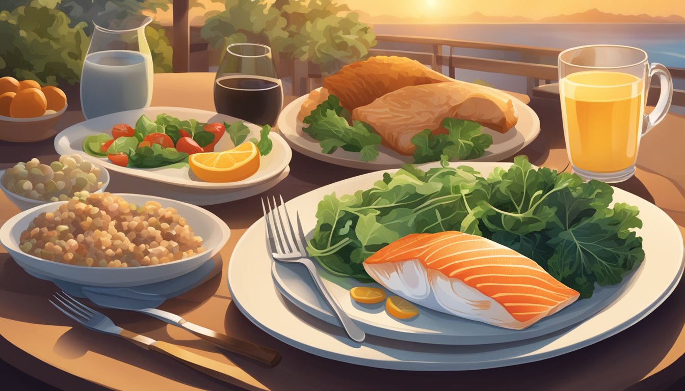 A dinner plate with a variety of diabetes-friendly foods, including fish, leafy greens, and fortified dairy products, bathed in the warm glow of a setting sun