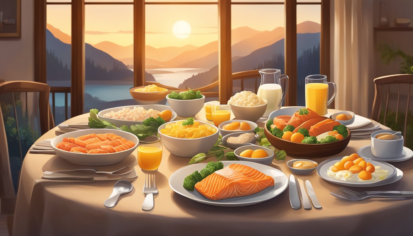 A dinner table set with a variety of foods rich in vitamin D, such as salmon, eggs, and fortified dairy products, with a warm, inviting evening ambiance