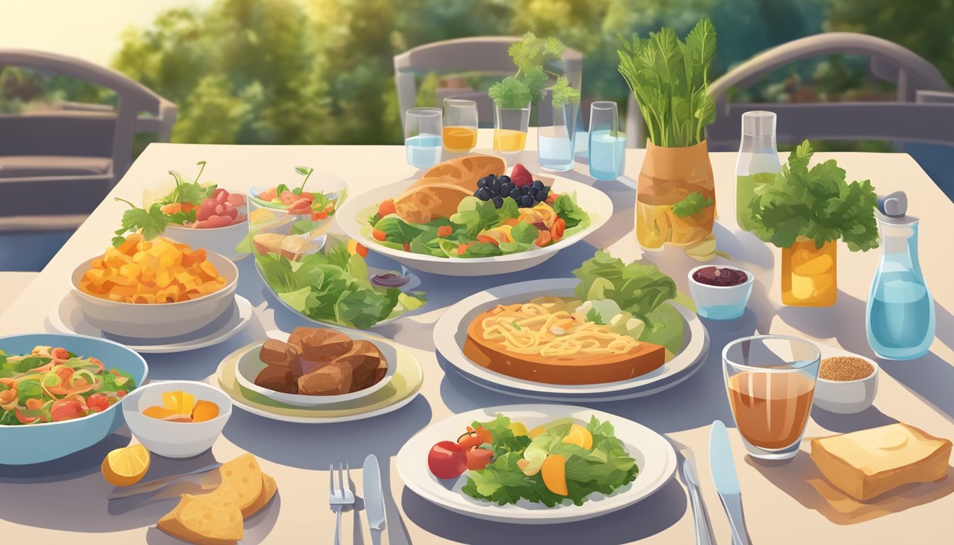 A dinner table set with a variety of diabetes-friendly foods, surrounded by a warm, sunny evening with a clear sky and a gentle breeze