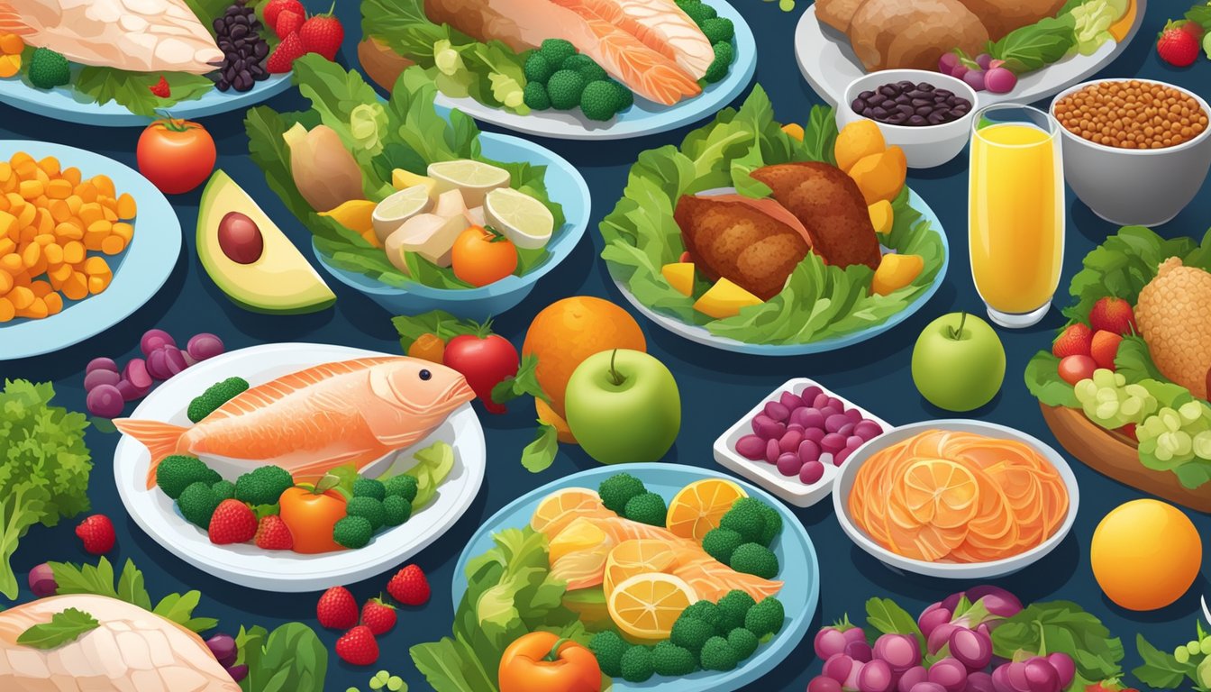 A colorful dinner table with a variety of protein-rich foods, such as fish, chicken, and beans, surrounded by vibrant fruits and vegetables