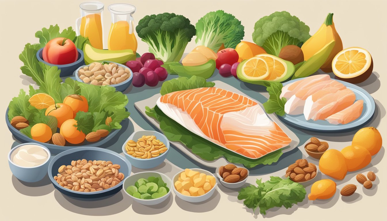 A table set with a variety of protein-rich foods such as fish, chicken, nuts, and leafy greens. Fruits and vegetables are also present to represent the nutritional building blocks for collagen production