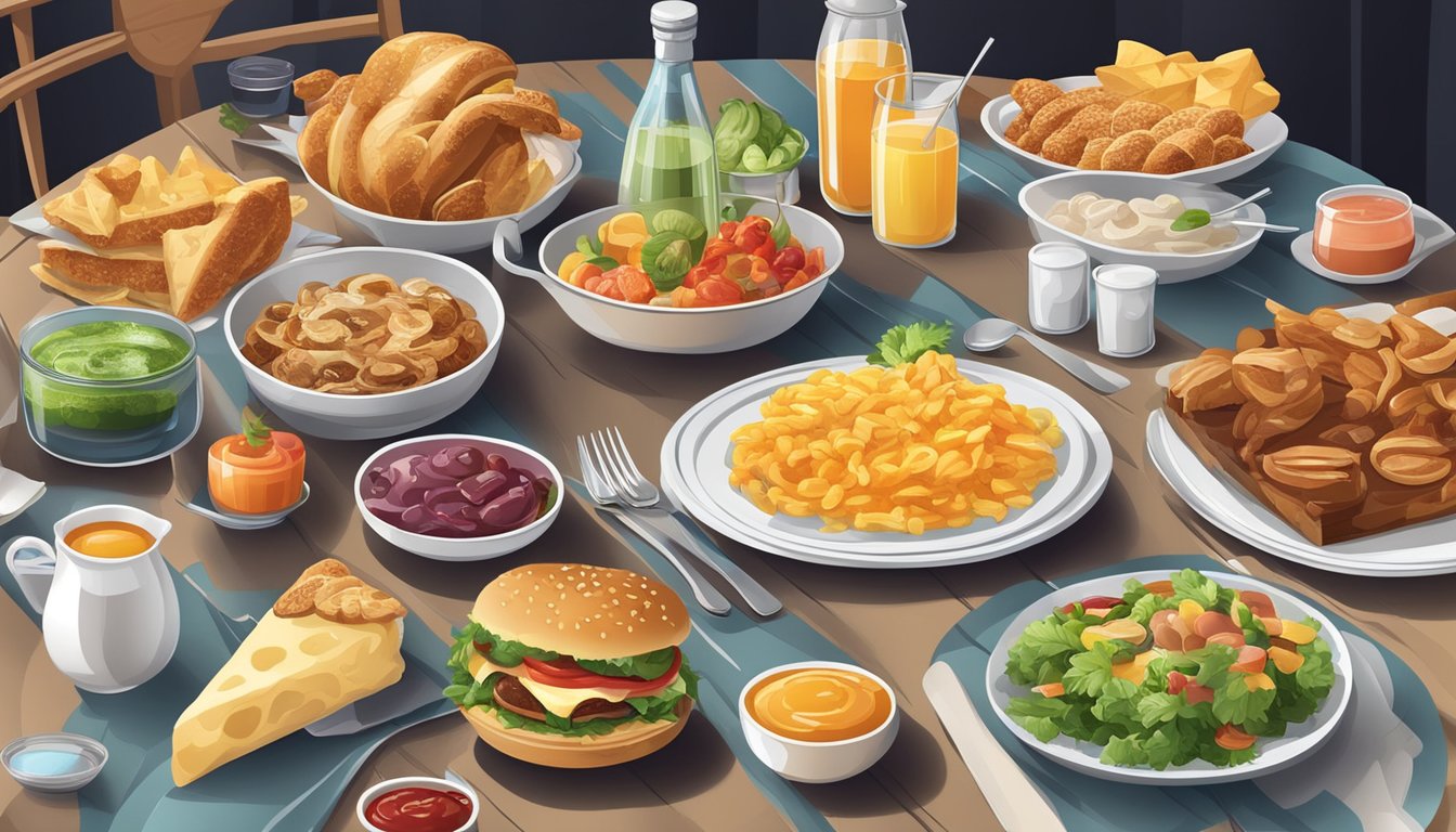 A dinner table with various foods and drinks, including hidden sources of sugar like sauces, dressings, and sugary beverages