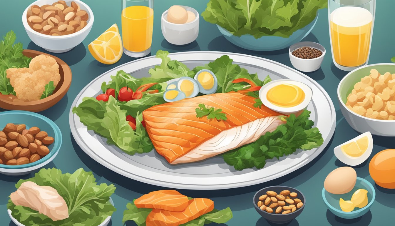 A colorful dinner plate with a variety of protein-rich foods such as fish, chicken, eggs, nuts, and leafy greens