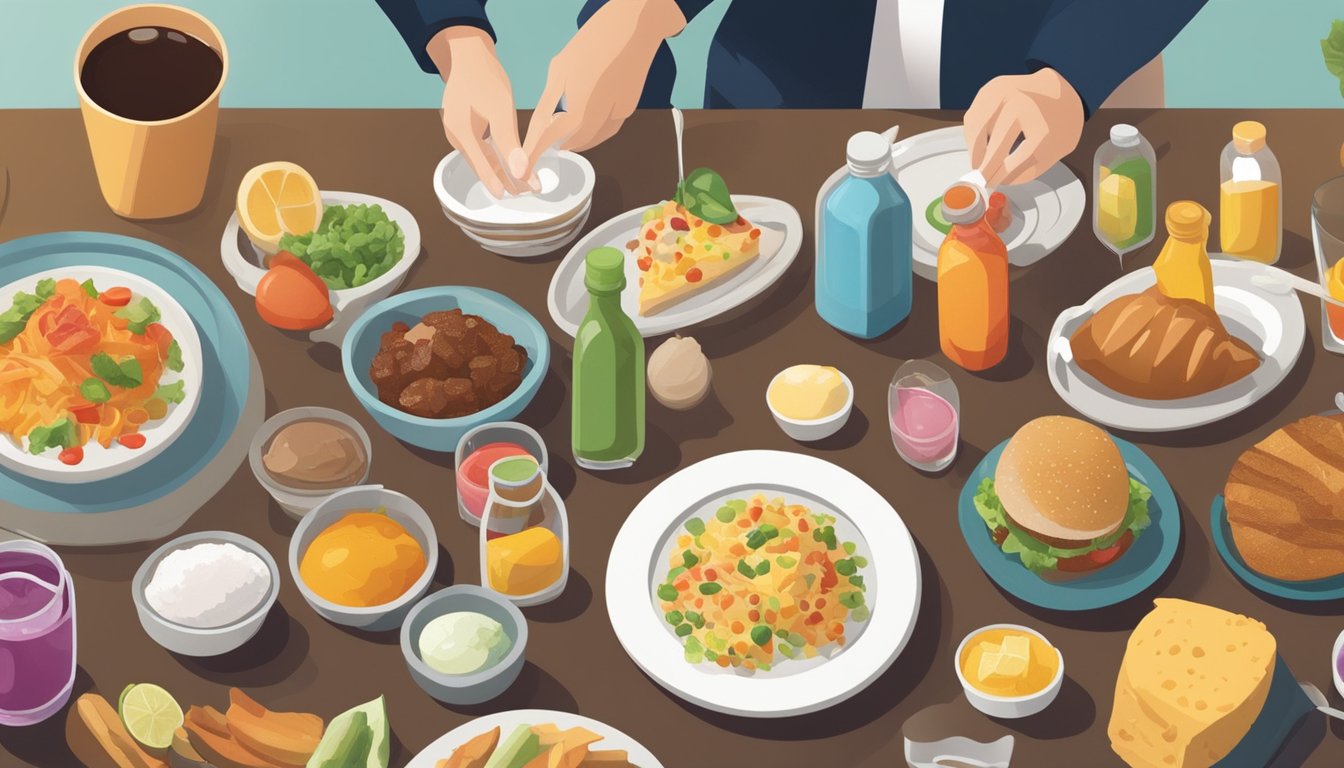 A dinner table set with various foods, drinks, and condiments, with a focus on hidden sources of sugar. A person is testing their glucose levels in the background