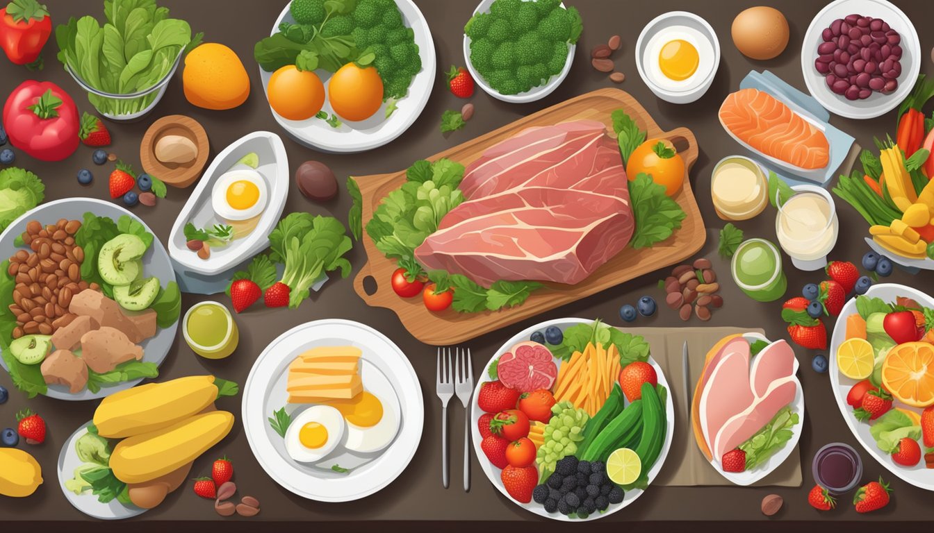 A dinner table set with a variety of protein-rich foods such as lean meats, fish, eggs, and legumes, surrounded by vibrant fruits and vegetables