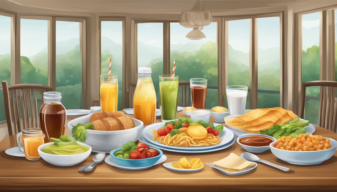 A dining table set with various foods and drinks, including hidden sources of sugar, such as sauces, dressings, and beverages