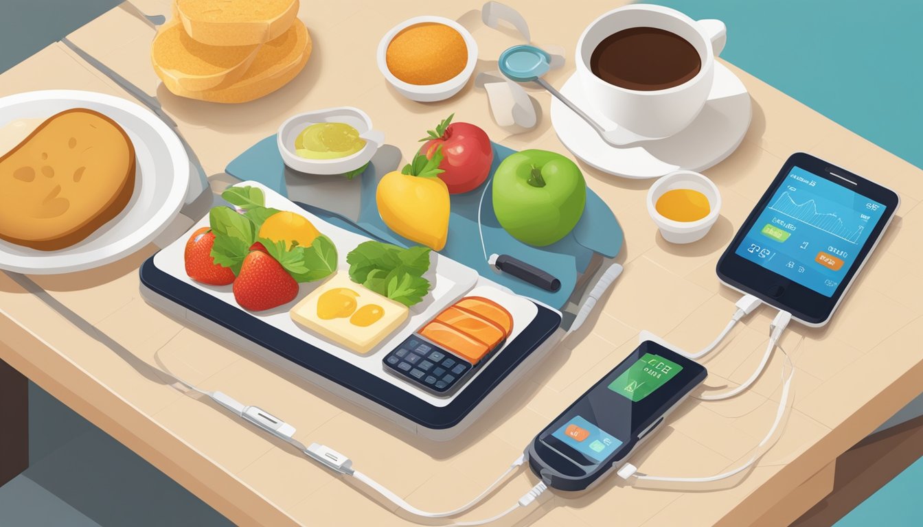 A table with various food items, a glucose monitor, and a smartphone displaying glucose levels