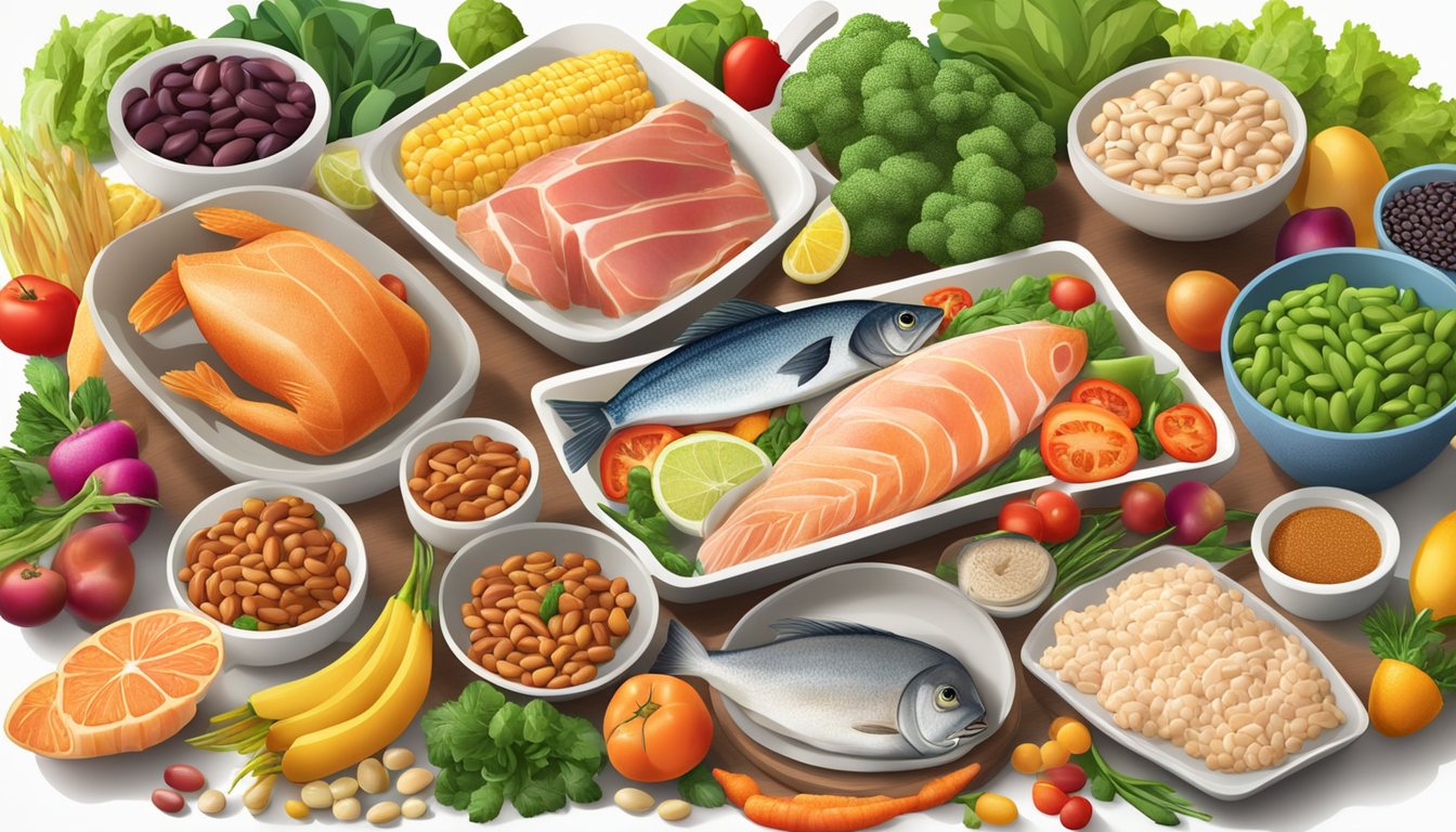 A dinner table with a variety of protein-rich foods such as fish, chicken, and beans, surrounded by colorful vegetables and fruits