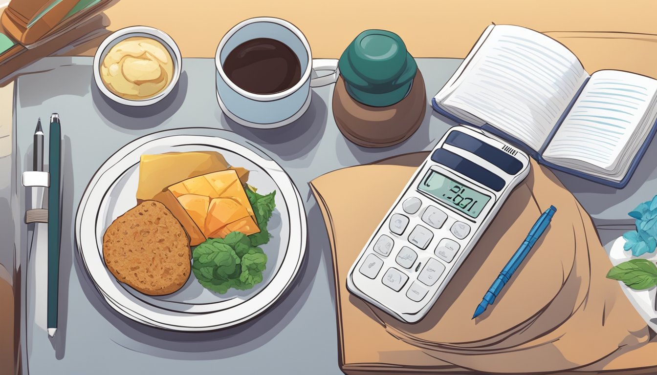 A dining table with a plate of balanced, nutritious food, a journal, and a pen. A blood sugar monitor sits nearby, reflecting the importance of journaling for better control