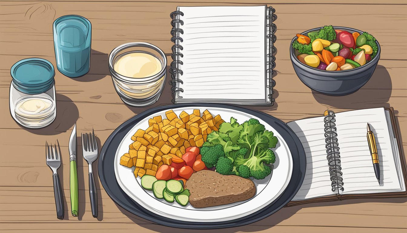 A table set with a balanced meal of lean protein, whole grains, and colorful vegetables, with a journal and pen placed next to the plate