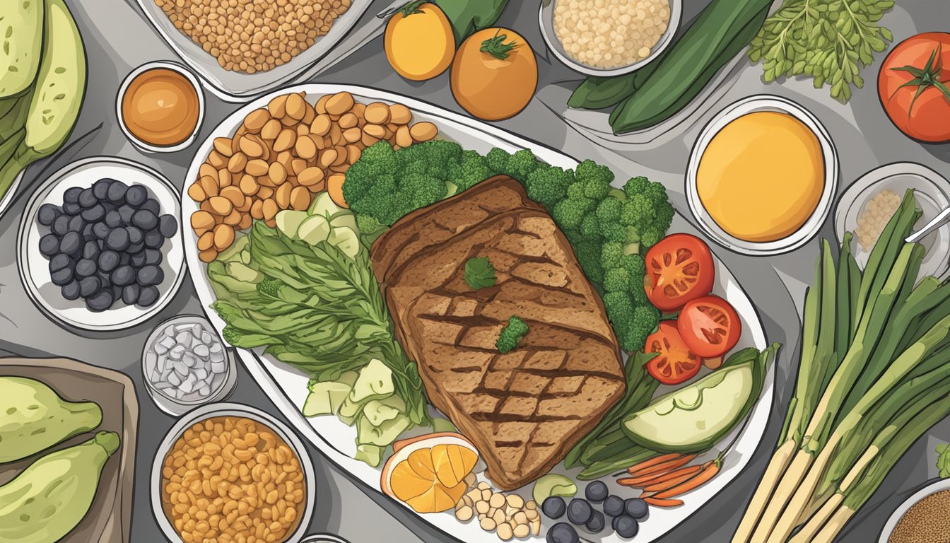 A dinner table set with balanced, colorful, and nutrient-dense foods, including lean protein, whole grains, and vegetables, with a journal and pen placed nearby